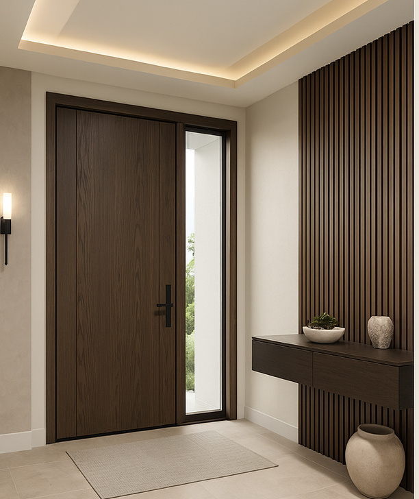 Warm entry with wood door, side glass, slatted wall, and console