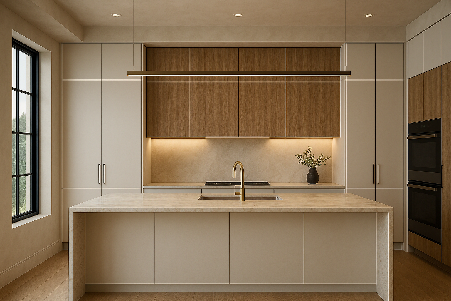 Modern kitchen with warm wood cabinetry, cream panels, stone island, and linear pendant