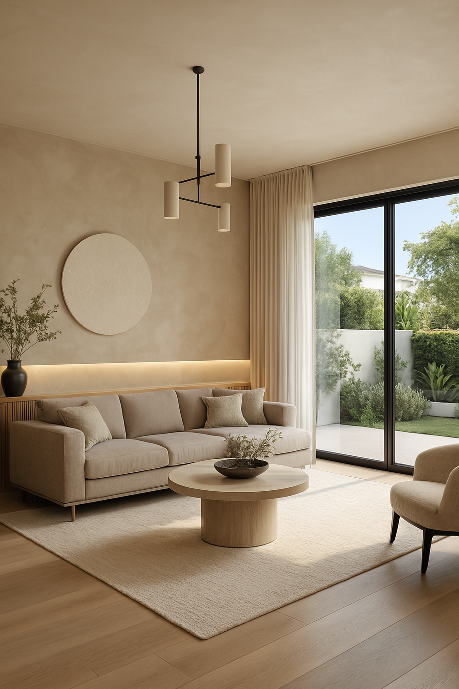 Warm modern living room with soft plaster walls, wood floors, black-framed glass, and garden view