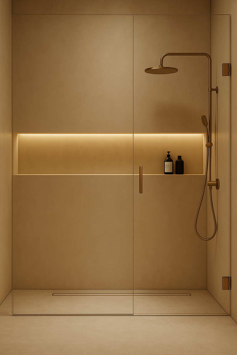Minimal shower with bronze fixtures, glass enclosure, integrated niche, and warm lighting