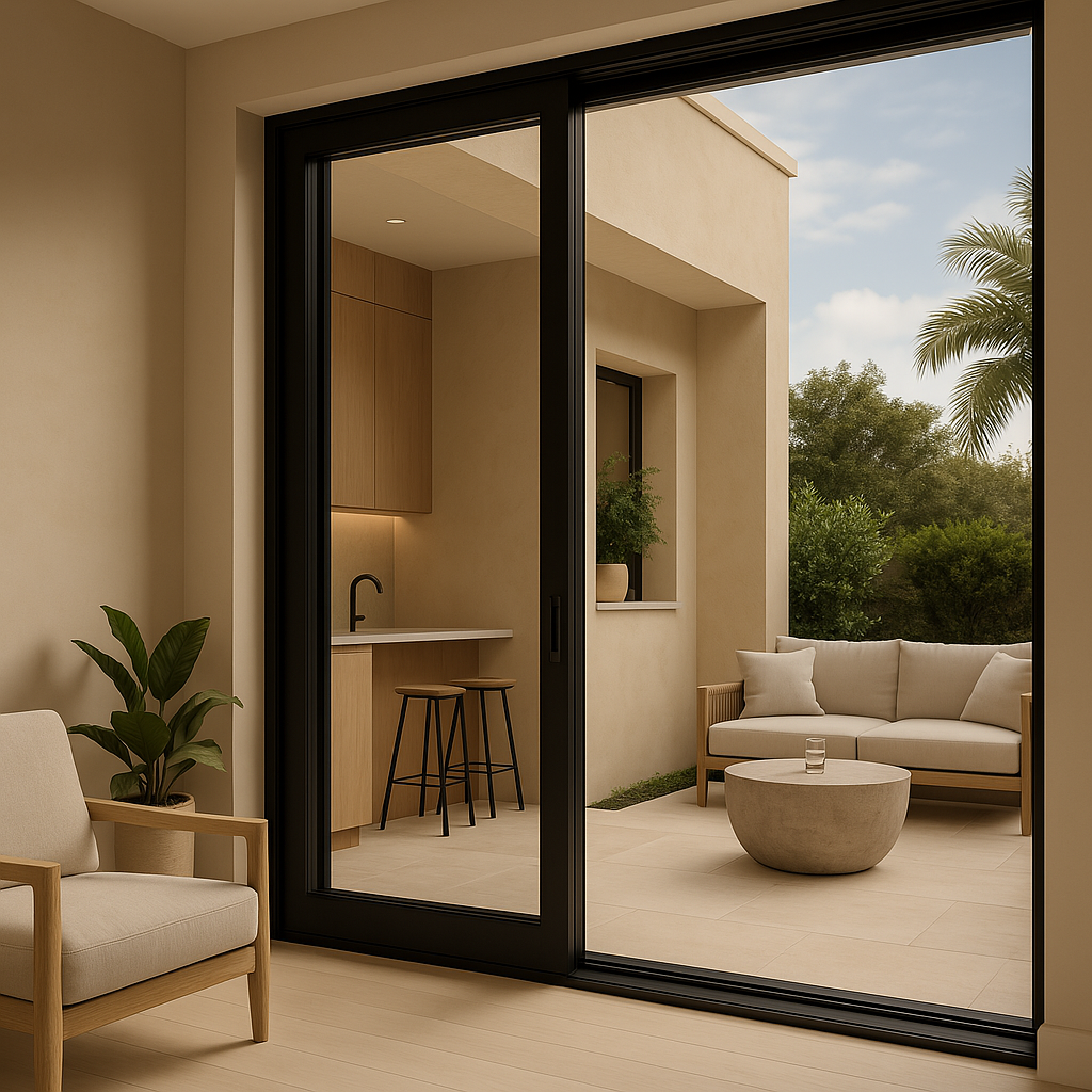 Interior seating area opening through black-framed glass to a private terrace with lounge seating