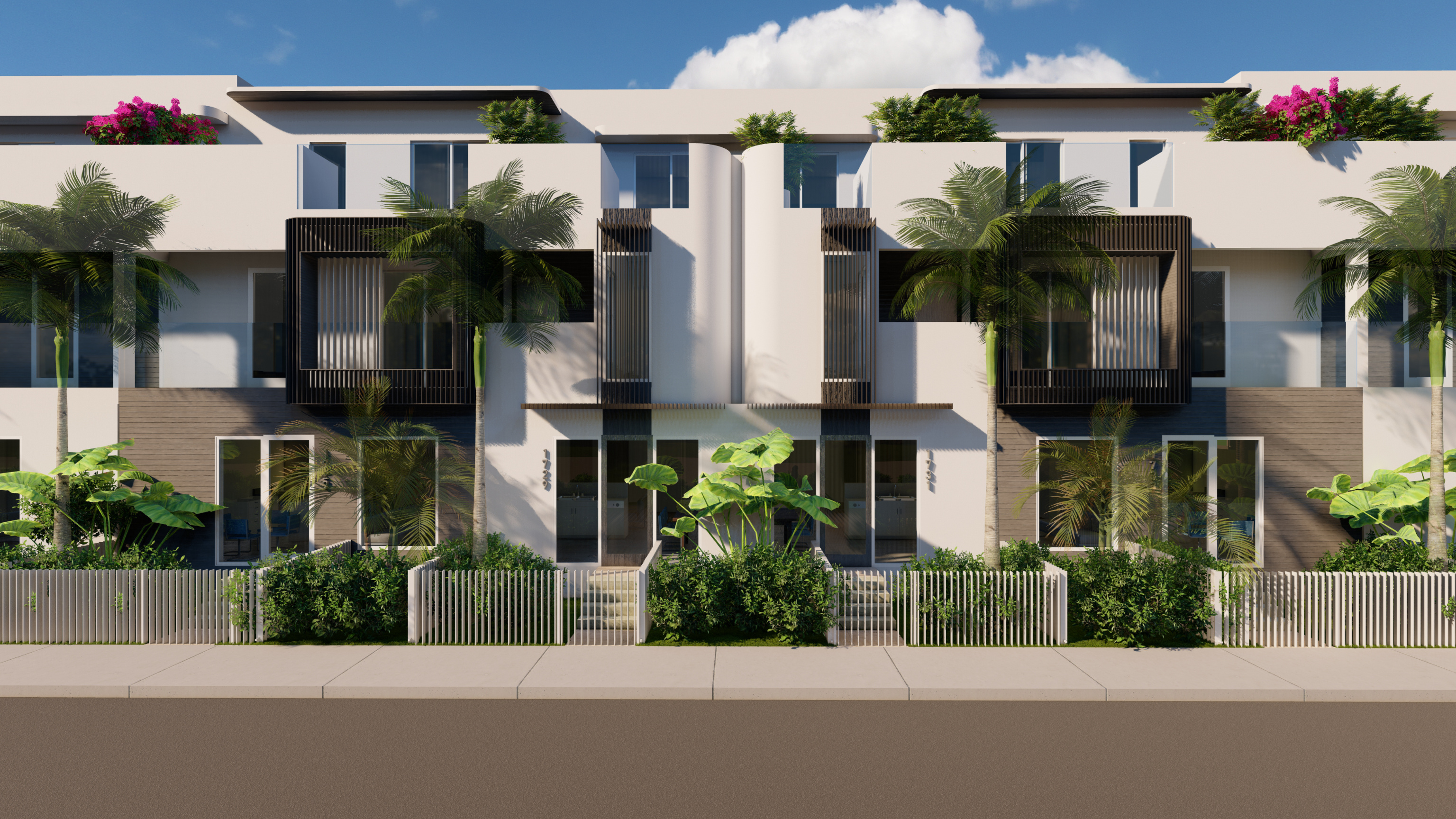 Cream architectural planes balanced by deep frames and tropical planting