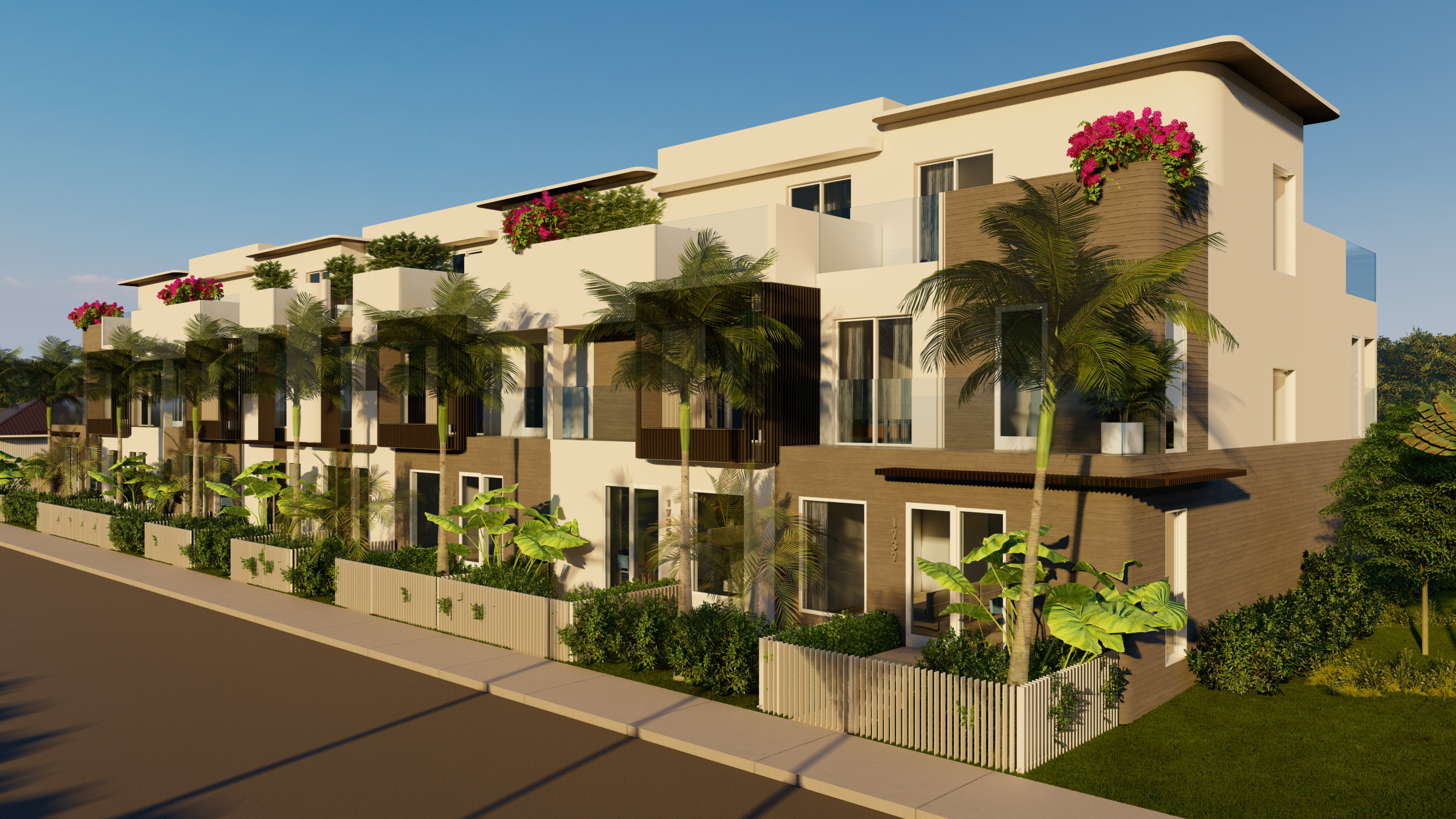 Angled exterior view of The Laureate townhome row